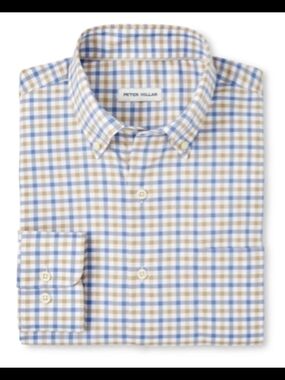 Peter Millar Blue and Tan Gingham Button-Down Shirt Brand New L
